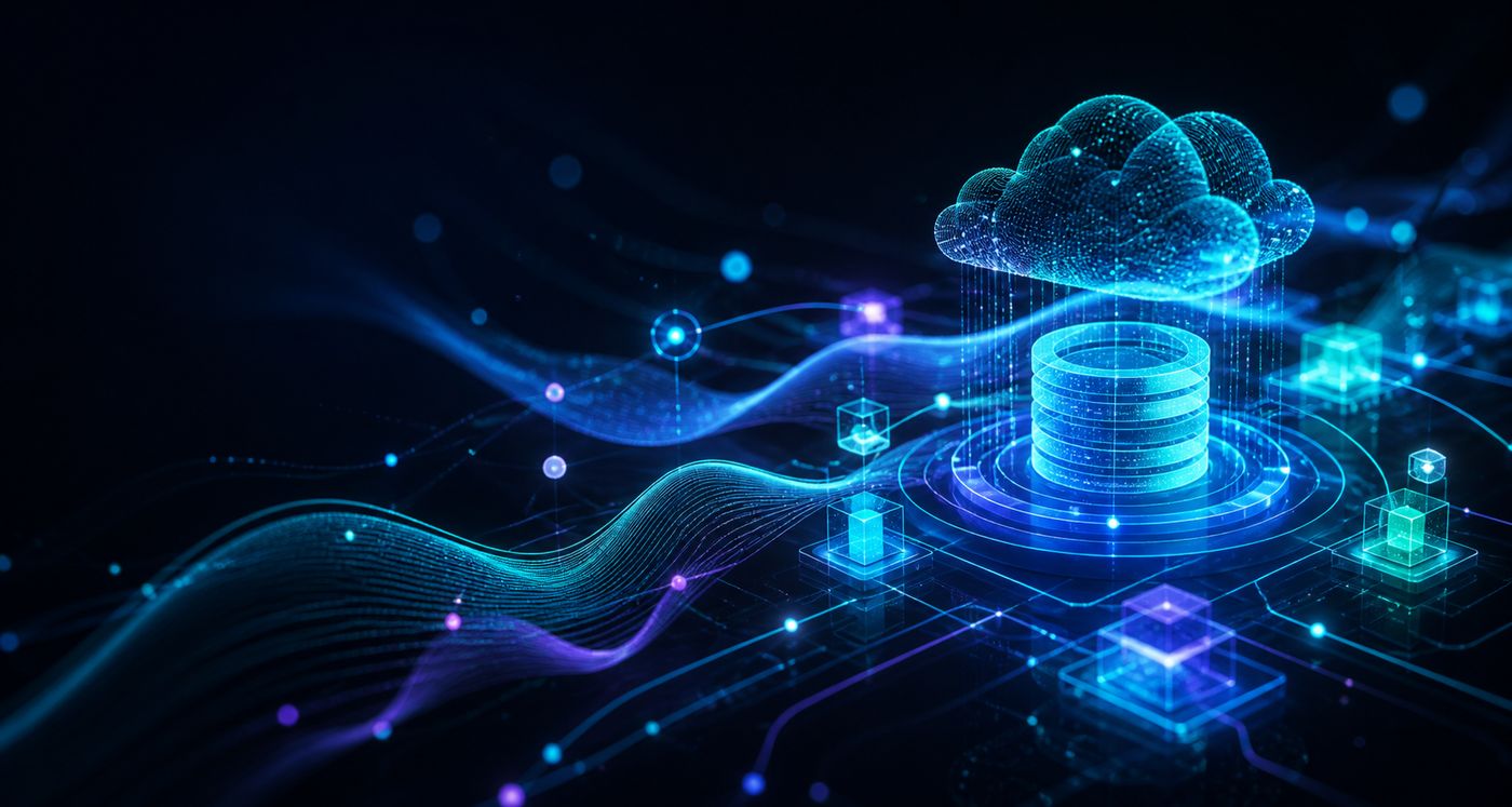 Abstract visual of data flows, cloud, and artificial intelligence